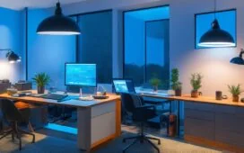 Ein hell ausgeleuchtetes, modernes Home-Office mit einer entspannten Person, die konzentriert an einem Laptop arbeitet, umgeben von warmem Tageslicht und dezentem Hintergrund mit digitaler Technik, das die Balance zwischen digitaler Freiheit und technischer Überwachung symbolisiert.
