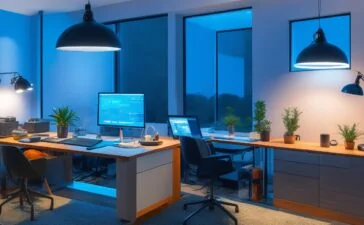 Ein hell ausgeleuchtetes, modernes Home-Office mit einer entspannten Person, die konzentriert an einem Laptop arbeitet, umgeben von warmem Tageslicht und dezentem Hintergrund mit digitaler Technik, das die Balance zwischen digitaler Freiheit und technischer Überwachung symbolisiert.