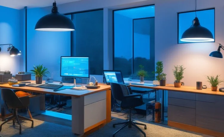 Ein hell ausgeleuchtetes, modernes Home-Office mit einer entspannten Person, die konzentriert an einem Laptop arbeitet, umgeben von warmem Tageslicht und dezentem Hintergrund mit digitaler Technik, das die Balance zwischen digitaler Freiheit und technischer Überwachung symbolisiert.