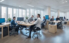 Ein sonnendurchflutetes Büro mit einem sympathischen Team, das in moderner Arbeitsumgebung konzentriert an Laptops zusammenarbeitet, während warme Holztöne und natürliches Tageslicht eine einladende Atmosphäre schaffen und so die Kraft authentischer Markenvernetzung und digitalen Wachstums visuell widerspiegeln.