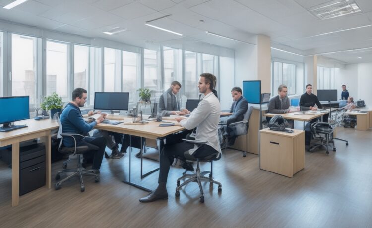 Ein sonnendurchflutetes Büro mit einem sympathischen Team, das in moderner Arbeitsumgebung konzentriert an Laptops zusammenarbeitet, während warme Holztöne und natürliches Tageslicht eine einladende Atmosphäre schaffen und so die Kraft authentischer Markenvernetzung und digitalen Wachstums visuell widerspiegeln.
