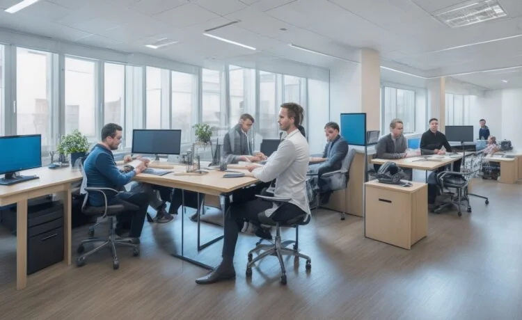 Ein sonnendurchflutetes Büro mit einem sympathischen Team, das in moderner Arbeitsumgebung konzentriert an Laptops zusammenarbeitet, während warme Holztöne und natürliches Tageslicht eine einladende Atmosphäre schaffen und so die Kraft authentischer Markenvernetzung und digitalen Wachstums visuell widerspiegeln.