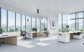 Ein modernes, lichtdurchflutetes Büro mit professionell gekleideten Tech-Experten in angeregter Gesprächsrunde vor großen, transparenten Bildschirmen, die komplexe Daten und KI-Visualisierungen zeigen, während warme Sonnenstrahlen durch Panoramafenster fallen und eine einladende, zukunftsorientierte Atmosphäre schaffen.
