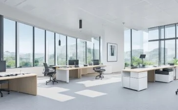Ein modernes, lichtdurchflutetes Büro mit professionell gekleideten Tech-Experten in angeregter Gesprächsrunde vor großen, transparenten Bildschirmen, die komplexe Daten und KI-Visualisierungen zeigen, während warme Sonnenstrahlen durch Panoramafenster fallen und eine einladende, zukunftsorientierte Atmosphäre schaffen.