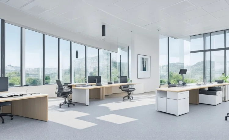 Ein modernes, lichtdurchflutetes Büro mit professionell gekleideten Tech-Experten in angeregter Gesprächsrunde vor großen, transparenten Bildschirmen, die komplexe Daten und KI-Visualisierungen zeigen, während warme Sonnenstrahlen durch Panoramafenster fallen und eine einladende, zukunftsorientierte Atmosphäre schaffen.