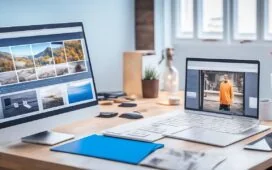 Strahlendes, realitätsnahes Foto eines Webentwicklers in hellem, freundlichem Bürolicht, der konzentriert an modernem Laptop arbeitet und dabei die Vorteile des WebP-Bildformats für schnelle, effiziente Webseitenoptimierung spiegelt – ein warmes Szenario voller technischer Innovation und positiver Energie.