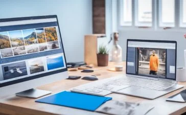 Strahlendes, realitätsnahes Foto eines Webentwicklers in hellem, freundlichem Bürolicht, der konzentriert an modernem Laptop arbeitet und dabei die Vorteile des WebP-Bildformats für schnelle, effiziente Webseitenoptimierung spiegelt – ein warmes Szenario voller technischer Innovation und positiver Energie.