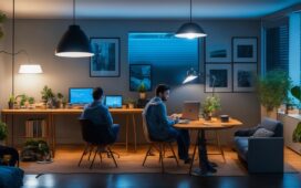 Ein hell erleuchtetes, freundliches Home-Office-Setting mit einer jungen Person, die entspannt und aufmerksam auf ihr Smartphone blickt, umgeben von warmen Holztönen und sanftem Tageslicht, das eine vertraute und sichere Atmosphäre beim Schutz der digitalen Privatsphäre vermittelt.