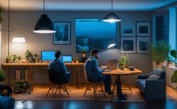 Ein hell erleuchtetes, freundliches Home-Office-Setting mit einer jungen Person, die entspannt und aufmerksam auf ihr Smartphone blickt, umgeben von warmen Holztönen und sanftem Tageslicht, das eine vertraute und sichere Atmosphäre beim Schutz der digitalen Privatsphäre vermittelt.
