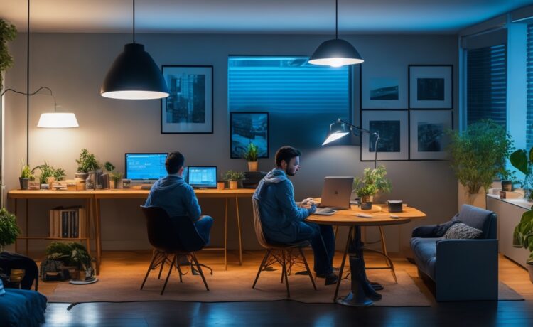 Ein hell erleuchtetes, freundliches Home-Office-Setting mit einer jungen Person, die entspannt und aufmerksam auf ihr Smartphone blickt, umgeben von warmen Holztönen und sanftem Tageslicht, das eine vertraute und sichere Atmosphäre beim Schutz der digitalen Privatsphäre vermittelt.