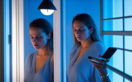 In einem hell erleuchteten, modernen Bürotipps zeigt eine junge Frau mit einem freundlichen Lächeln auf ihrem Smartphone eine App-Verknüpfung, während warmes Tageslicht durch große Fenster fällt und eine Atmosphäre von Vertrauen und digitaler Sicherheit vermittelt.
