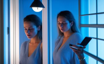 In einem hell erleuchteten, modernen Bürotipps zeigt eine junge Frau mit einem freundlichen Lächeln auf ihrem Smartphone eine App-Verknüpfung, während warmes Tageslicht durch große Fenster fällt und eine Atmosphäre von Vertrauen und digitaler Sicherheit vermittelt.
