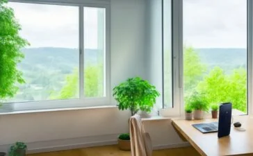 Eine helle, natürliche Aufnahme eines modernen Home-Office mit entspannt lächelnder Person, die auf einem Smartphone in der Hand die Privatsphäre-Einstellungen prüft, während warmes Tageslicht sanft durch ein Fenster fällt und eine ruhige, vertrauensvolle Atmosphäre schafft.