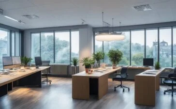Ein warm beleuchtetes, modernes Büro mit motivierten Kreativen, die konzentriert an Bildschirmen arbeiten, während durch große Fenster sanftes Tageslicht einfällt und die innovative Atmosphäre der Snippet-Methode in der KI-Bildgenerierung einladend widerspiegelt.