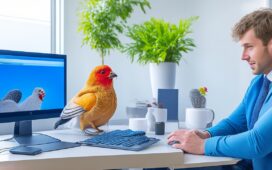 Ein strahlender, freundlich lächelnder junger Mann sitzt entspannt vor einem modernen PC mit schlankem Design, umgeben von hellem Tageslicht und warmen Holzakzenten, während er mit einer offenen, einladenden Gestik in die Luft spricht und so die intuitive, natürliche Interaktion mit einer KI-gesteuerten Benutzeroberfläche verkörpert.