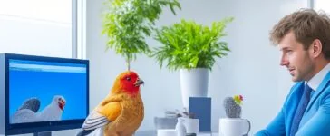 Ein strahlender, freundlich lächelnder junger Mann sitzt entspannt vor einem modernen PC mit schlankem Design, umgeben von hellem Tageslicht und warmen Holzakzenten, während er mit einer offenen, einladenden Gestik in die Luft spricht und so die intuitive, natürliche Interaktion mit einer KI-gesteuerten Benutzeroberfläche verkörpert.