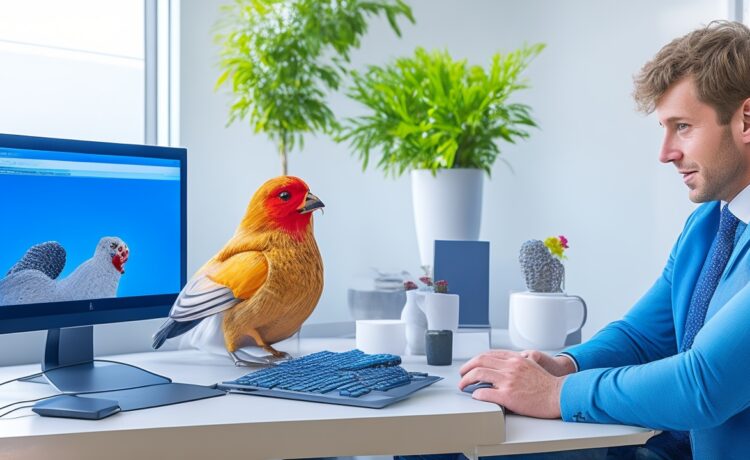 Ein strahlender, freundlich lächelnder junger Mann sitzt entspannt vor einem modernen PC mit schlankem Design, umgeben von hellem Tageslicht und warmen Holzakzenten, während er mit einer offenen, einladenden Gestik in die Luft spricht und so die intuitive, natürliche Interaktion mit einer KI-gesteuerten Benutzeroberfläche verkörpert.