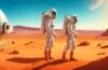 In einem sonnendurchfluteten, futuristischen Raumlabor auf dem Mars arbeitet eine Astronautin vertrauensvoll mit einem hochmodernen KI-gestützten medizinischen Assistenzsystem, das auf natürlichem Licht die komplexe medizinische Versorgung unter extremen Weltraumbedingungen realistisch und warm ins Bild setzt.