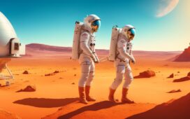 In einem sonnendurchfluteten, futuristischen Raumlabor auf dem Mars arbeitet eine Astronautin vertrauensvoll mit einem hochmodernen KI-gestützten medizinischen Assistenzsystem, das auf natürlichem Licht die komplexe medizinische Versorgung unter extremen Weltraumbedingungen realistisch und warm ins Bild setzt.