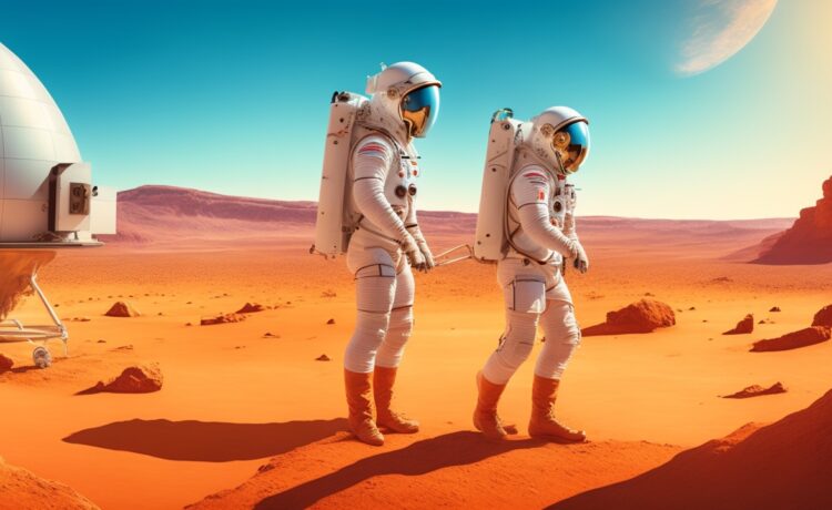 In einem sonnendurchfluteten, futuristischen Raumlabor auf dem Mars arbeitet eine Astronautin vertrauensvoll mit einem hochmodernen KI-gestützten medizinischen Assistenzsystem, das auf natürlichem Licht die komplexe medizinische Versorgung unter extremen Weltraumbedingungen realistisch und warm ins Bild setzt.