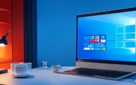 Ein lichtdurchfluteter moderner Arbeitsplatz mit einem hellen Laptop-Bildschirm, der das Windows-Logo zeigt, umgeben von entspannten Menschen, die konzentriert und optimistisch an der Umstellung oder Planung der IT-Arbeitsumgebung arbeiten, in warmen Tageslichttönen und mit lebendigen, natürlichen Details für eine positive Atmosphäre.