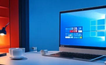 Ein lichtdurchfluteter moderner Arbeitsplatz mit einem hellen Laptop-Bildschirm, der das Windows-Logo zeigt, umgeben von entspannten Menschen, die konzentriert und optimistisch an der Umstellung oder Planung der IT-Arbeitsumgebung arbeiten, in warmen Tageslichttönen und mit lebendigen, natürlichen Details für eine positive Atmosphäre.