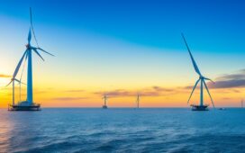 Strahlender Morgenhimmel über einer modernen Offshore-Windfarm, wo sanft drehende Turbinen in warmem Sonnenlicht glänzen und technikaffine Ingenieure in leichter Outdoor-Arbeitskleidung mit Schwerpunkt auf innovative Sensorik konzentriert Wartungsdaten auf Tablets überprüfen, während ruhige Wellen und klare Luft eine positive Atmosphäre von Fortschritt und nachhaltiger Energie vermitteln.