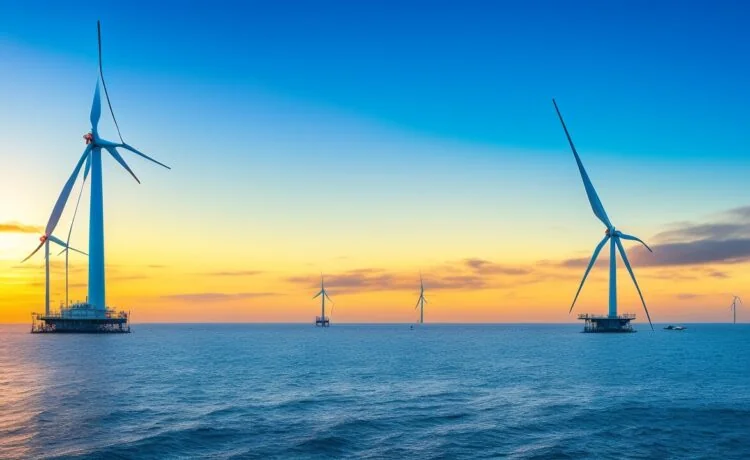 Strahlender Morgenhimmel über einer modernen Offshore-Windfarm, wo sanft drehende Turbinen in warmem Sonnenlicht glänzen und technikaffine Ingenieure in leichter Outdoor-Arbeitskleidung mit Schwerpunkt auf innovative Sensorik konzentriert Wartungsdaten auf Tablets überprüfen, während ruhige Wellen und klare Luft eine positive Atmosphäre von Fortschritt und nachhaltiger Energie vermitteln.