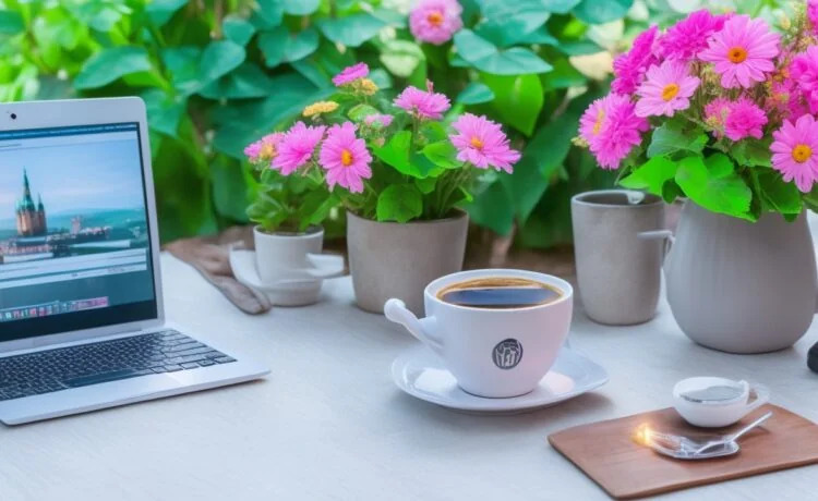 Ein heller, freundlich beleuchteter Arbeitsbereich mit einem Laptop, auf dem eine WordPress-Administrationsseite geöffnet ist, umgeben von Notizblättern, einer Tasse Kaffee und einer Pflanze, vermittelt konzentrierte Sicherheit und digitale Verantwortung in einem modernen Büroraum mit warmem Tageslicht.