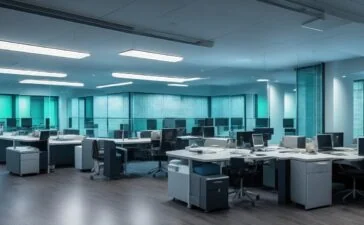 Ein hell erleuchtetes, modernes Büro mit großen Fenstern, in dem entspannte Fachleute in lebhaftem Austausch vor mehreren Bildschirmen mit komplexen Daten und KI-Algorithmen stehen, während warmes Tageslicht die Szene durchflutet und eine Atmosphäre von Zukunftsvision und vertrauensvoller Zusammenarbeit schafft.