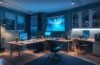 Ein hell erleuchtetes, modern eingerichtetes Home-Office mit einem lächelnden jungen Erwachsenen vor einem großen Bildschirm, der konzentriert YouTube-Videos schaut und dabei bewusst die Spracheinstellungen kontrolliert, um eine warmherzige, persönliche Atmosphäre digitaler Selbstbestimmung in der vernetzten Welt zu vermitteln.
