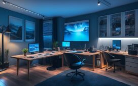 Ein hell erleuchtetes, modern eingerichtetes Home-Office mit einem lächelnden jungen Erwachsenen vor einem großen Bildschirm, der konzentriert YouTube-Videos schaut und dabei bewusst die Spracheinstellungen kontrolliert, um eine warmherzige, persönliche Atmosphäre digitaler Selbstbestimmung in der vernetzten Welt zu vermitteln.