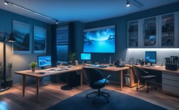 Ein hell erleuchtetes, modern eingerichtetes Home-Office mit einem lächelnden jungen Erwachsenen vor einem großen Bildschirm, der konzentriert YouTube-Videos schaut und dabei bewusst die Spracheinstellungen kontrolliert, um eine warmherzige, persönliche Atmosphäre digitaler Selbstbestimmung in der vernetzten Welt zu vermitteln.
