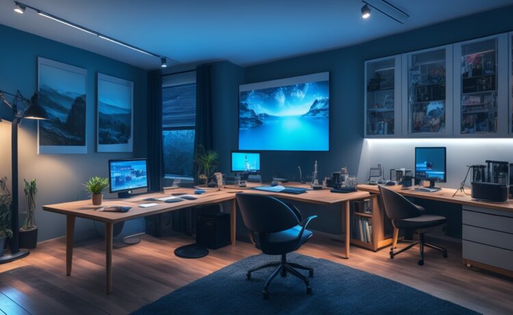 Ein hell erleuchtetes, modern eingerichtetes Home-Office mit einem lächelnden jungen Erwachsenen vor einem großen Bildschirm, der konzentriert YouTube-Videos schaut und dabei bewusst die Spracheinstellungen kontrolliert, um eine warmherzige, persönliche Atmosphäre digitaler Selbstbestimmung in der vernetzten Welt zu vermitteln.