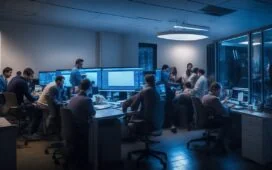 Ein hell erleuchtetes, zeitgemäßes Büro mit einem konzentrierten Team aus vielfältigen Fachleuten, die an Bildschirmen datenintensive Softwarelösungen besprechen, während warme Sonnenstrahlen durch große Fenster fallen und eine Atmosphäre von Vertrauen, Verantwortung und zukunftsorientierter Zusammenarbeit schaffen.