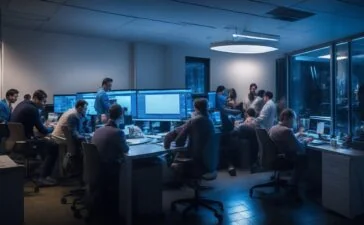 Ein hell erleuchtetes, zeitgemäßes Büro mit einem konzentrierten Team aus vielfältigen Fachleuten, die an Bildschirmen datenintensive Softwarelösungen besprechen, während warme Sonnenstrahlen durch große Fenster fallen und eine Atmosphäre von Vertrauen, Verantwortung und zukunftsorientierter Zusammenarbeit schaffen.