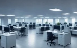 Ein hell erleuchtetes, modernes Büro mit entspannt arbeitenden IT-Profis, die in offener Atmosphäre an virtuellen Servern und Laptops fachsimpeln, während natürliche Sonnenstrahlen eine warme, freundliche Stimmung schaffen und die Zukunft der Virtualisierung greifbar machen.