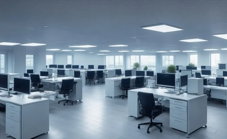 Ein hell erleuchtetes, modernes Büro mit entspannt arbeitenden IT-Profis, die in offener Atmosphäre an virtuellen Servern und Laptops fachsimpeln, während natürliche Sonnenstrahlen eine warme, freundliche Stimmung schaffen und die Zukunft der Virtualisierung greifbar machen.