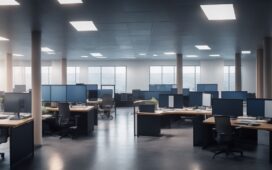 Ein hell erleuchtetes, modernes Büro mit einem konzentrierten Entwicklerteam vor mehreren Bildschirmen, die komplexe Netzwerkarchitekturen visualisieren, strahlt eine warme, einladende Atmosphäre voller technischer Zukunftsvision und kollegialer Zusammenarbeit aus.