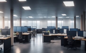 Ein hell erleuchtetes, modernes Büro mit einem konzentrierten Entwicklerteam vor mehreren Bildschirmen, die komplexe Netzwerkarchitekturen visualisieren, strahlt eine warme, einladende Atmosphäre voller technischer Zukunftsvision und kollegialer Zusammenarbeit aus.