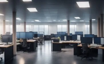 Ein hell erleuchtetes, modernes Büro mit einem konzentrierten Entwicklerteam vor mehreren Bildschirmen, die komplexe Netzwerkarchitekturen visualisieren, strahlt eine warme, einladende Atmosphäre voller technischer Zukunftsvision und kollegialer Zusammenarbeit aus.