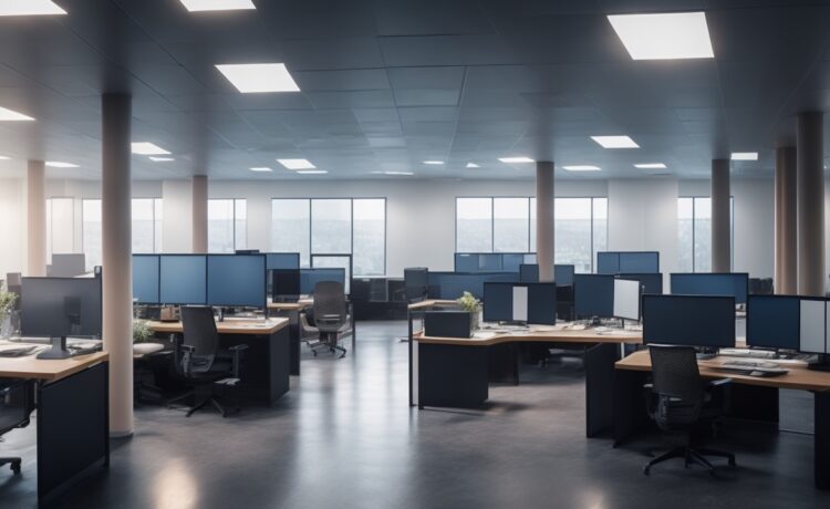 Ein hell erleuchtetes, modernes Büro mit einem konzentrierten Entwicklerteam vor mehreren Bildschirmen, die komplexe Netzwerkarchitekturen visualisieren, strahlt eine warme, einladende Atmosphäre voller technischer Zukunftsvision und kollegialer Zusammenarbeit aus.