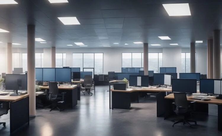 Ein hell erleuchtetes, modernes Büro mit einem konzentrierten Entwicklerteam vor mehreren Bildschirmen, die komplexe Netzwerkarchitekturen visualisieren, strahlt eine warme, einladende Atmosphäre voller technischer Zukunftsvision und kollegialer Zusammenarbeit aus.
