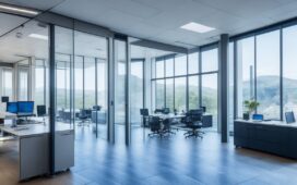 Ein freundlich lächelnder Entwickler in hellem, modernem Büro, umgeben von Bildschirmen mit klaren Codezeilen, im warmen Tageslicht einer großen Fensterfront, die eine inspirierende Atmosphäre voller Innovation und Fortschritt in der Softwareentwicklung ausstrahlt.