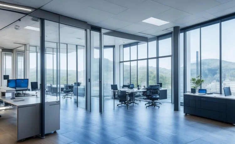 Ein freundlich lächelnder Entwickler in hellem, modernem Büro, umgeben von Bildschirmen mit klaren Codezeilen, im warmen Tageslicht einer großen Fensterfront, die eine inspirierende Atmosphäre voller Innovation und Fortschritt in der Softwareentwicklung ausstrahlt.