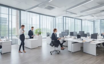 Strahlendes, modernes Büro mit freundlicher Atmosphäre, in dem ein diverses Team konzentriert an Laptops und Tablets zusammenarbeitet, um transparente KI-Datenstrategien zu entwickeln und so die Zukunft der globalen Künstlichen Intelligenz im warmen Tageslicht zu gestalten.