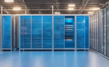 Ein hell erleuchteter, moderner Rechenzentrumsraum mit sanftem Tageslicht, in dem technikaffine Fachleute vertraut und konzentriert an eleganten Serverracks arbeiten, während warme Farbtöne und natürliche Materialien eine einladende Atmosphäre nachhaltiger Innovation und digitaler Zukunft schaffen.