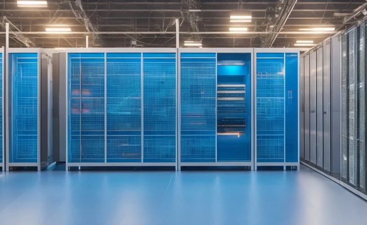 Ein hell erleuchteter, moderner Rechenzentrumsraum mit sanftem Tageslicht, in dem technikaffine Fachleute vertraut und konzentriert an eleganten Serverracks arbeiten, während warme Farbtöne und natürliche Materialien eine einladende Atmosphäre nachhaltiger Innovation und digitaler Zukunft schaffen.