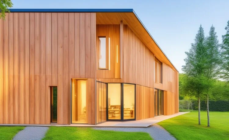 Ein lichtdurchfluteter, moderner Holzbau mit klaren Linien und warmem Sonnenlicht, das durch große Fenster fällt, präsentiert nachhaltige Architektur in einem innovativen Datenzentrum, umgeben von grünen Pflanzen und Technikgeräten, die eine harmonische Verbindung von Hightech und Natur symbolisieren.