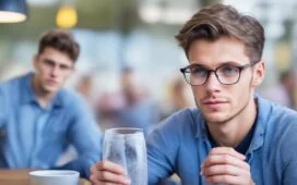 Ein sonnendurchflutetes Porträt eines jungen, sympathischen Mannes mit moderner, schlanker Smart-Brille, der entspannt in einem urbanen Café sitzt und vertrauensvoll in die Ferne blickt, umgeben von warmen Holztönen und natürlichem Tageslicht, das seine offene, zukunftsorientierte Ausstrahlung unterstreicht.